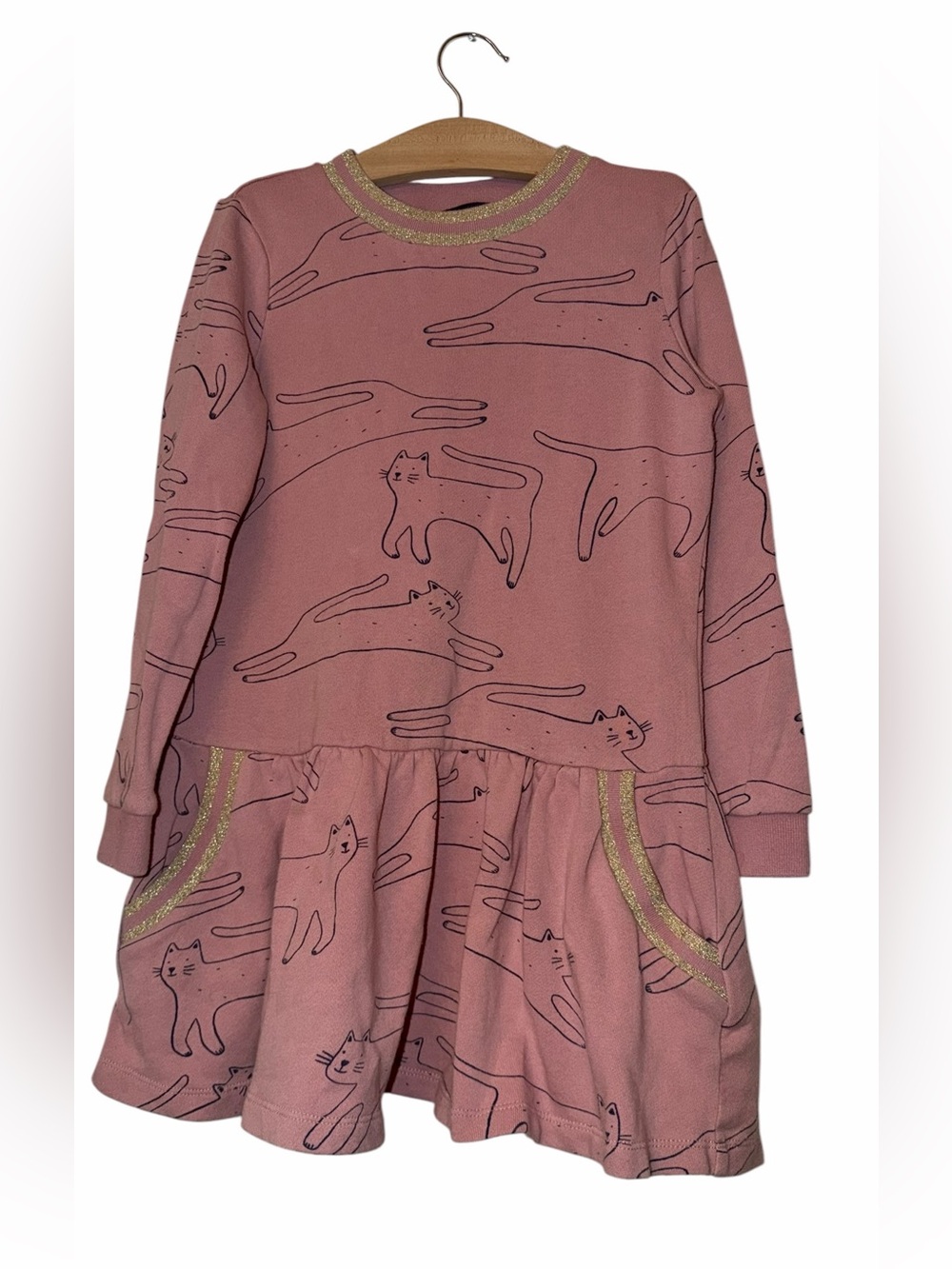Mini Boden Pink Dress Navy Cat print Gold pocket Trim Sz 8-9 slub knit